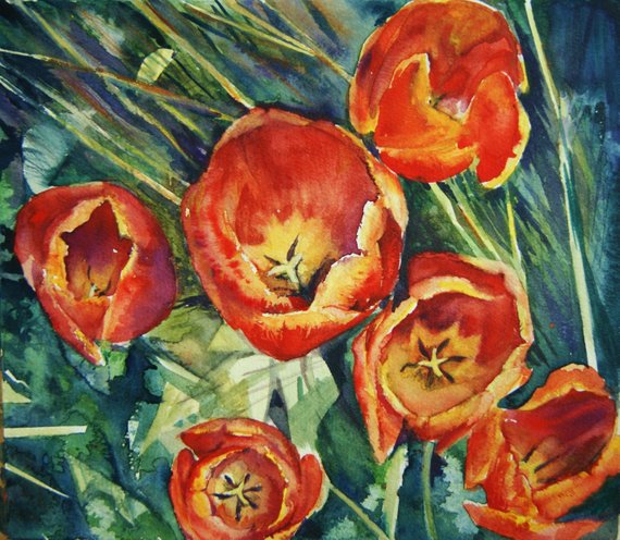 570x496 Tulip Painting Red Original Watercolor Flowers Sale Price Etsy - Watercolor Flower Paintings For Sale
