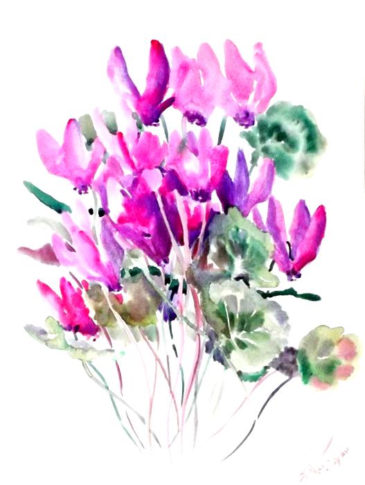527x700 Cyclamens (Purple, Pink Flowers) Suren Nersisyan - Watercolor Flower Paintings For Sale