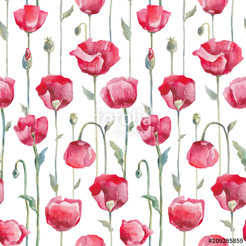 500x500 Red Poppies On White Background. Seamless Watercolor Floral - Watercolor Flower Pattern