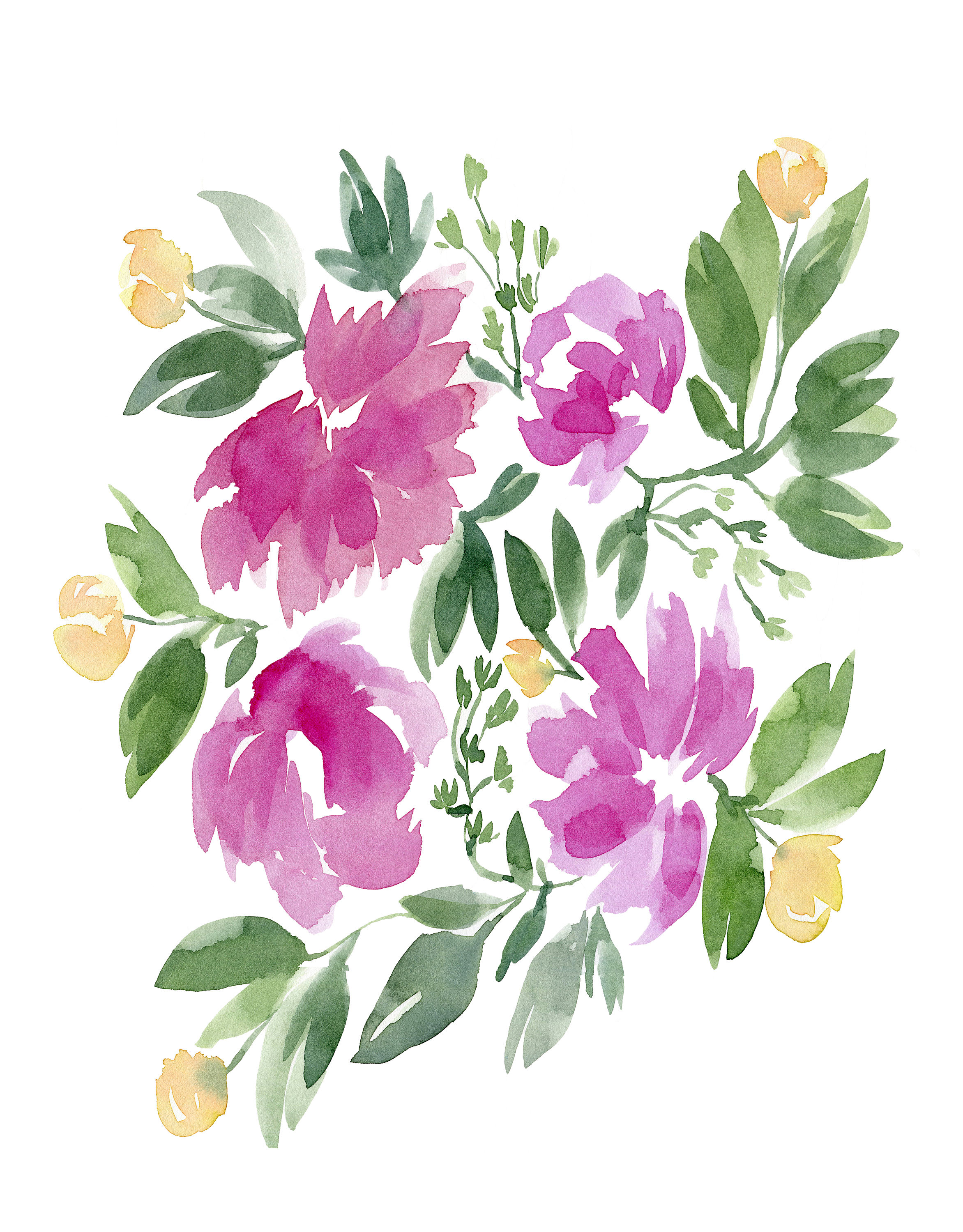 2344x3000 Pink And Yellow Flowers No.1103 Watercolor Print Watercolor Floral - Watercolor Flower Prints