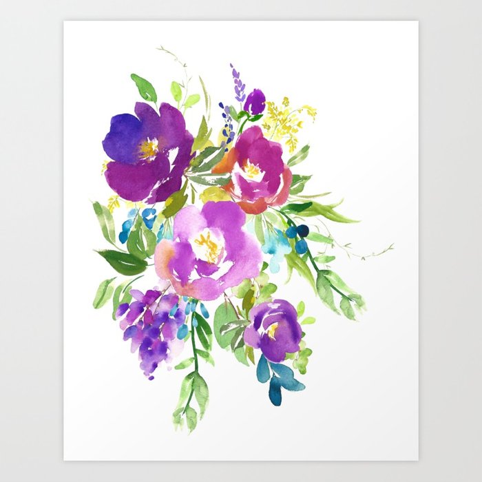 700x700 Purple Violet Watercolor Flower Bouquet Art Print By Junkydotcom - Watercolor Flower Prints