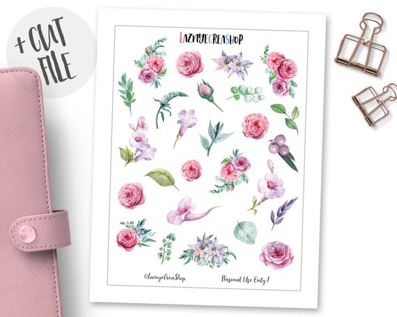 570x456 Printable Watercolor Flower Stickers Planner Stickers Pdf Cut Etsy - Watercolor Flower Stickers