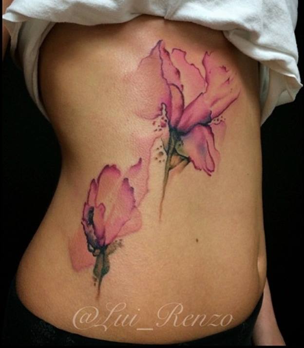 624x714 Watercolor Flower Tattoo On Side Rib By Luirenzo Tattoos - Watercolor Flower Tattoo
