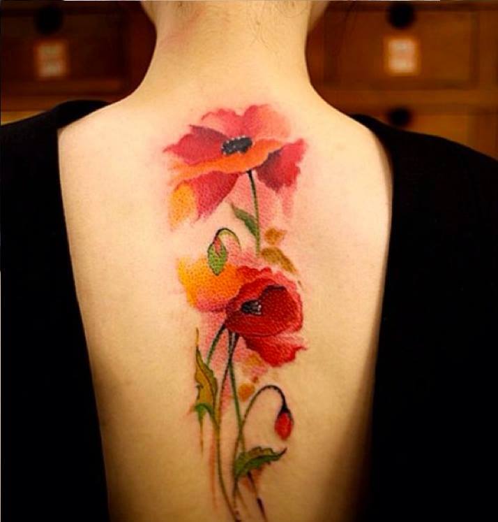 714x747 Watercolor Flower Tattoo On Upper Back - Watercolor Flower Tattoo