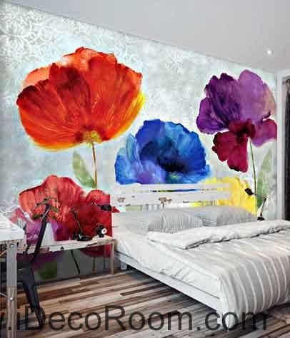 406x474 Abstract Watercolor Red Blue Purple Flower Wallpaper Wall Decals - Watercolor Flower Wallpaper For Walls