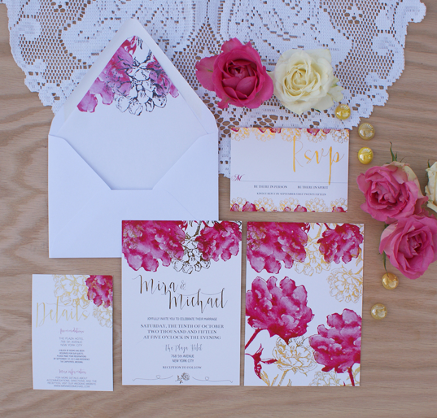900x862 Gold Foil Wedding Invitation With Pink Watercolor Flowers - Watercolor Flower Wedding Invitations