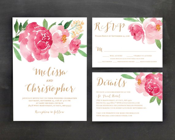 570x456 Printable Wedding Invitation Template Set, Floral Wedding - Watercolor Flower Wedding Invitations