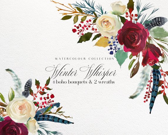 570x456 Boho Bordo Red White Blue Watercolor Flowers Clipart Burgundy Etsy - Watercolor Flowers