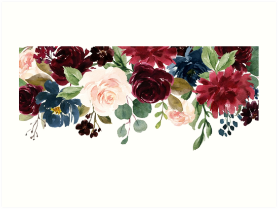 549x413 Burgundy Blue Watercolor Flowers Border Art Prints By Junkydotcom - Watercolor Flowers