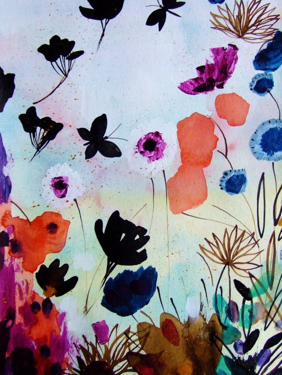 570x757 Original Watercolor Flowers Butterflies Original Painting Etsy - Watercolor Flowers And Butterflies