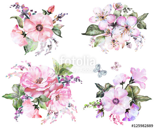 500x417 Painted Watercolor Flowers. In Pastel Color, Composition - Watercolor Flowers And Butterflies