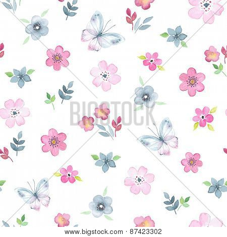 450x470 Seamless Floral Pattern With Watercolor Flowers And Butterflies In - Watercolor Flowers And Butterflies