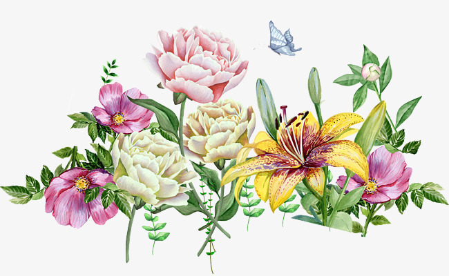 650x400 Watercolor Flowers, Plant, Butterfly, Garden Png And Psd File For - Watercolor Flowers And Butterflies