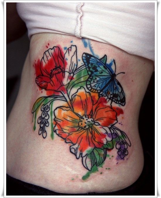 550x673 Watercolor Flowers And Butterfly Tattoo On Waist - Watercolor Flowers And Butterflies