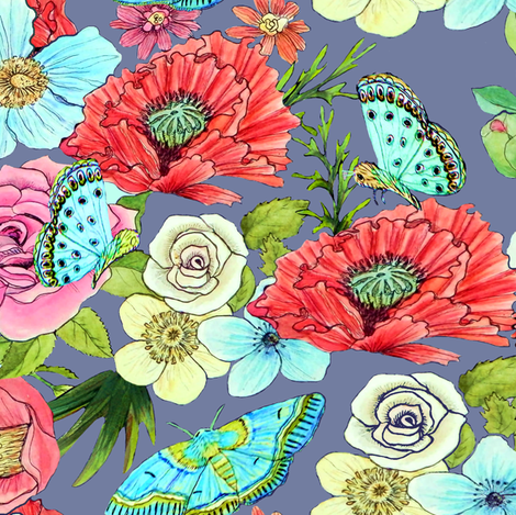 470x469 Watercolor Flowers Amp Butterflies In Mid Grey Wallpaper - Watercolor Flowers And Butterflies
