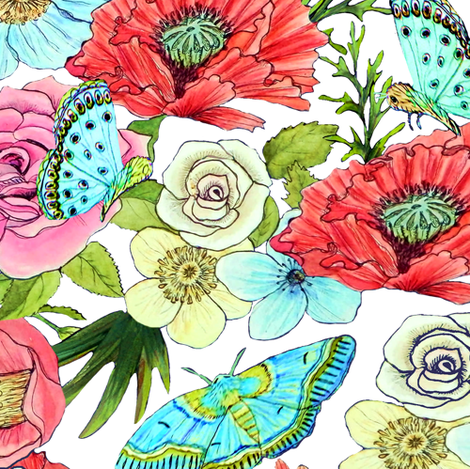 470x469 Watercolor Flowers And Butterflies On White Fabric - Watercolor Flowers And Butterflies