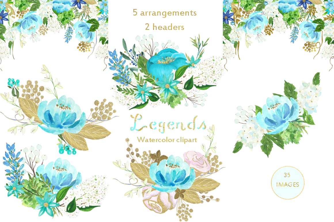 1160x772 Gold And Blue. Watercolor Flowers. By Labfcreations - Watercolor Flowers Blue