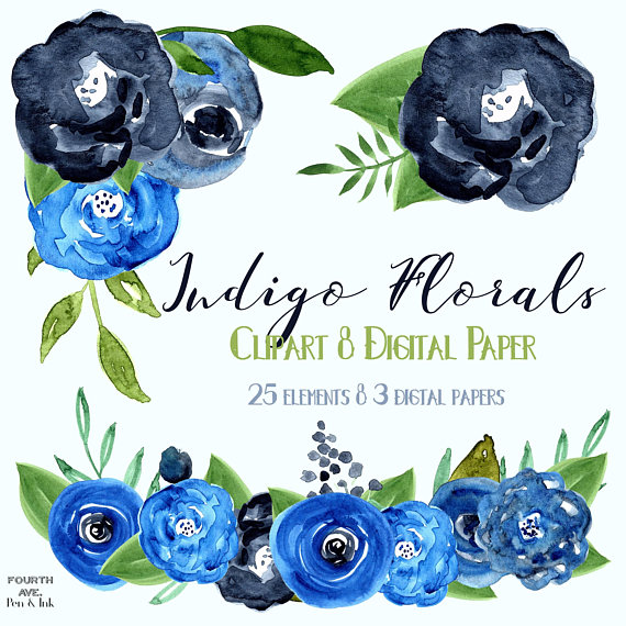 570x570 Indigo Blue Watercolor Flowers, Navy Blue, Dark Blue, Watecolor - Watercolor Flowers Blue