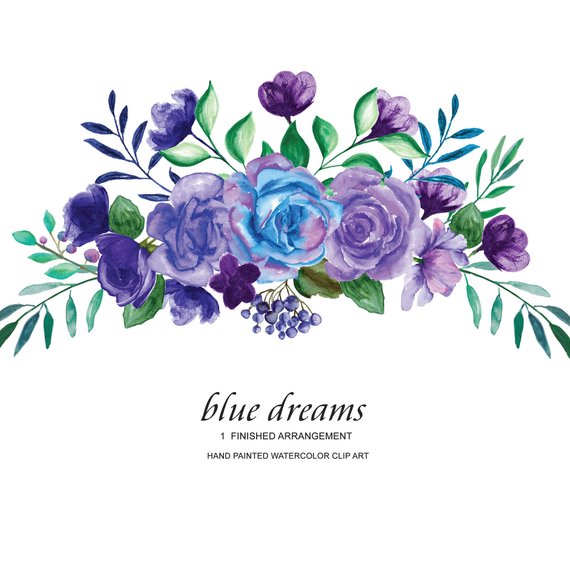 570x571 Watercolor Blue Purple Roses Flower Clipart One Arrangement Etsy - Watercolor Flowers Blue