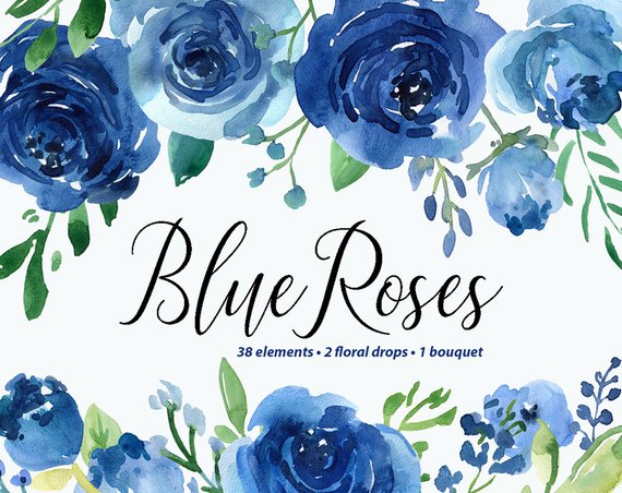 570x452 Watercolor Flowers Clipart Blue Roses Leaves Branches Free Etsy - Watercolor Flowers Blue