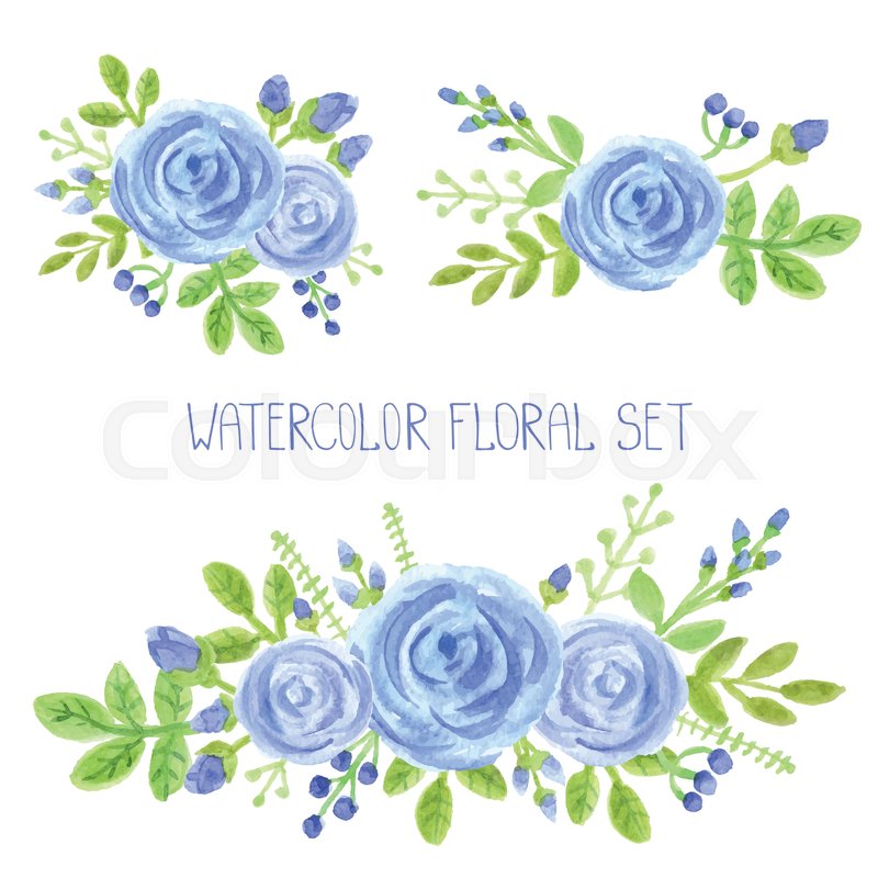 800x800 Watercolor Blue Flowers,green Branches,leaves Bouquet Set. Hand - Watercolor Flowers Blue
