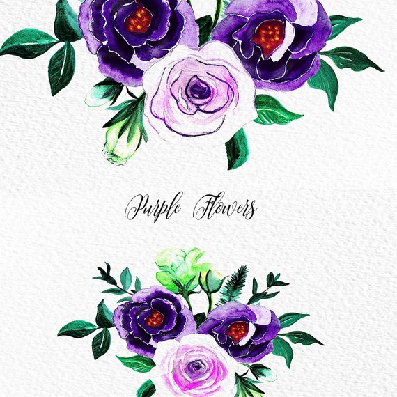 570x570 Purple Flower Clipart Watercolor Flowers Png Purple Roses Etsy - Watercolor Flowers Png