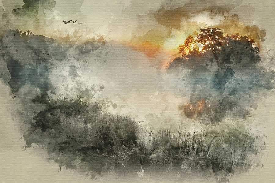 900x598 Watercolor Painting Of Beautiful Autumn Landscape Of Birds Flying - Watercolor Fog