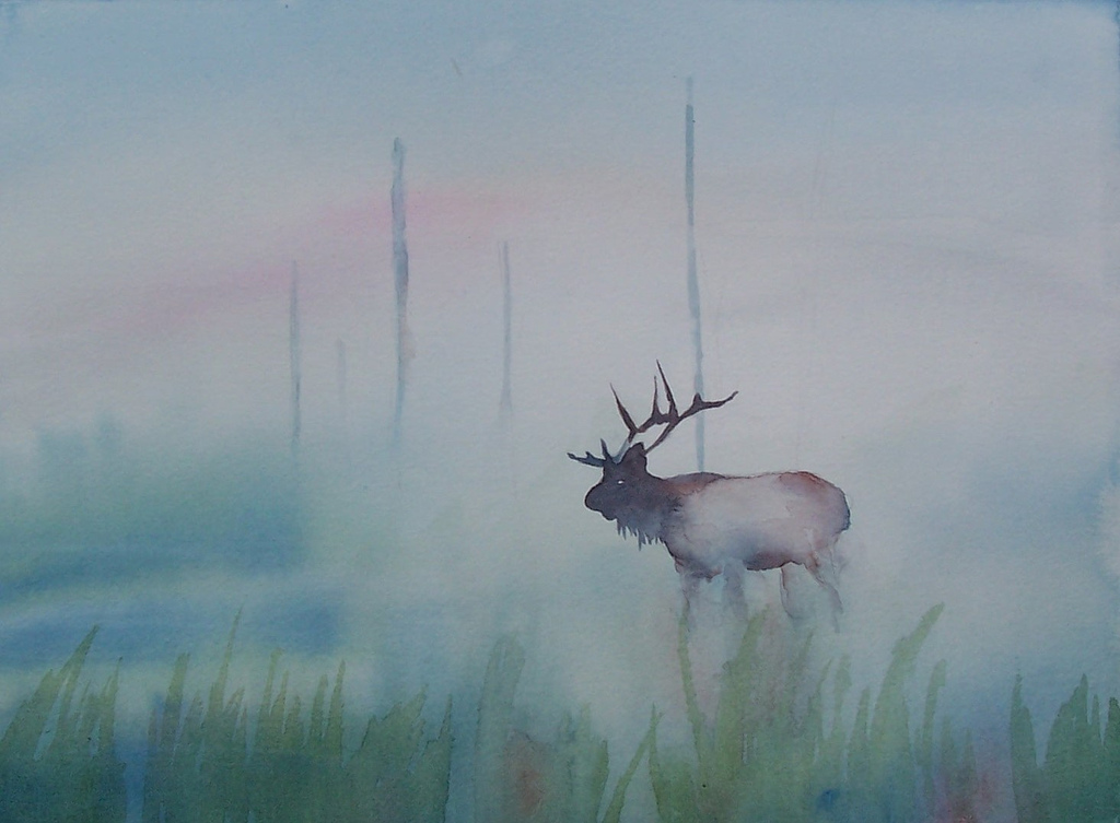 1024x753 Elk In Fog Watercolor 11x15 I Was Trying To Capture - Watercolor Fog
