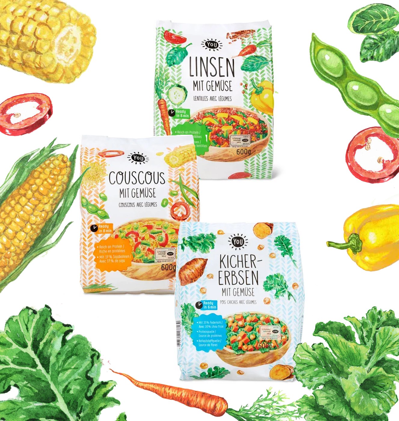 1327x1400 New You Products With Watercolor Food Illustrations On Packaging - Watercolor Food