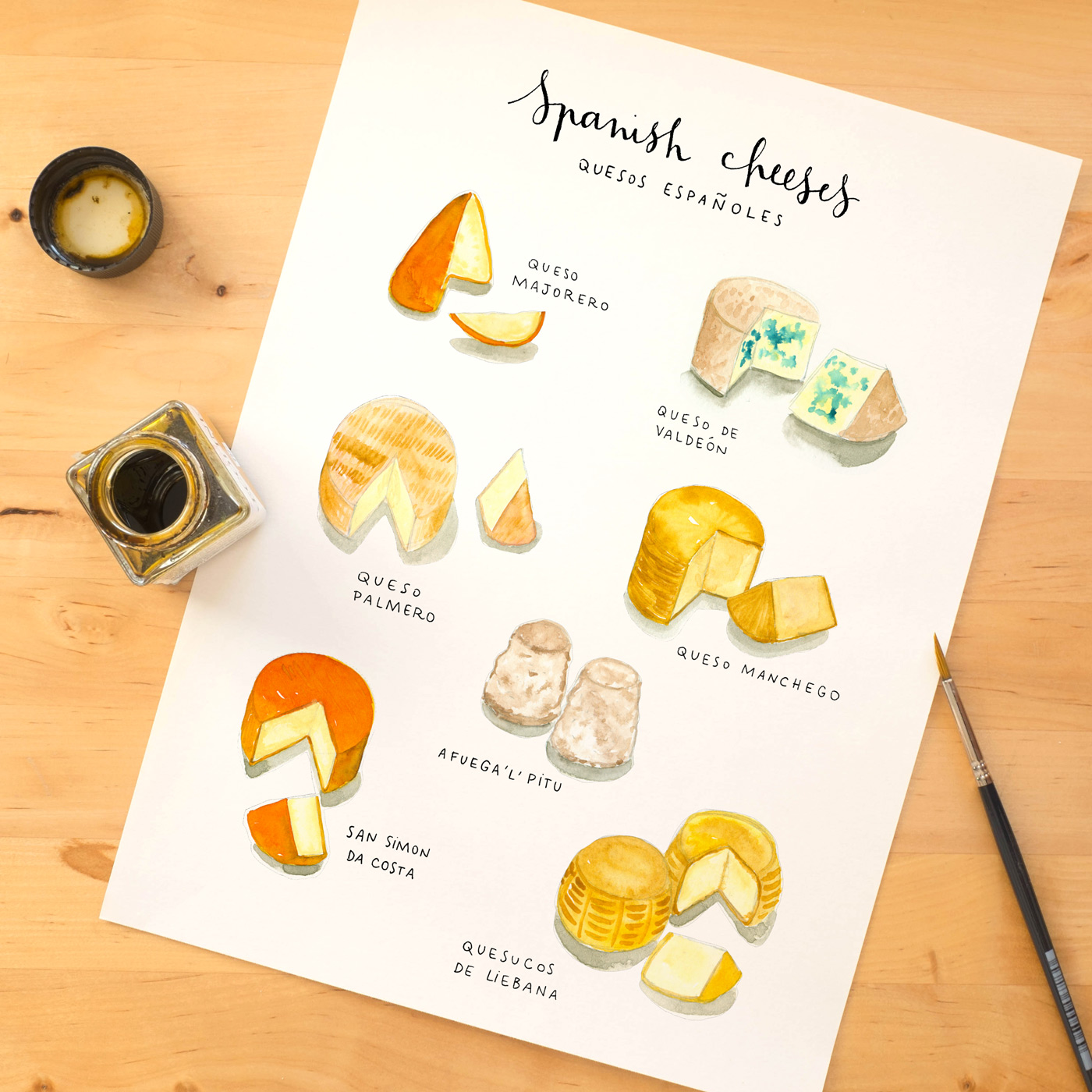 1400x1400 Watercolor Food Illustration Spanish Cheeses Made With Love - Watercolor Food