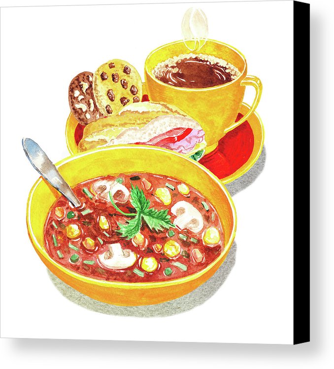 678x750 Watercolor Food Illustration Full Lunch Canvas Print Canvas Art - Watercolor Food Art