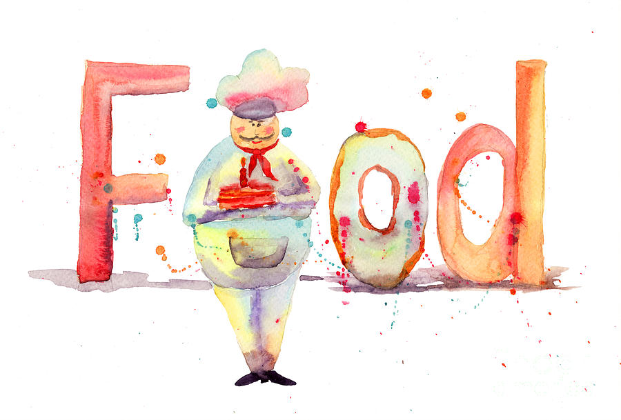 900x609 Watercolor Illustration Of Inscription Food With Chef Painting By - Watercolor Food Art