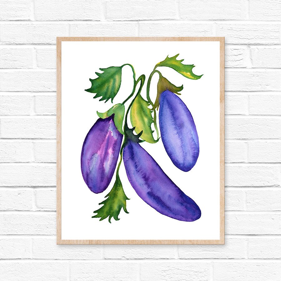 900x900 Eggplant Watercolor Kitchen Decor Purple Kitchen Art Watercolor - Watercolor Food Art
