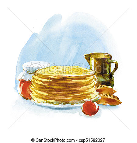 450x470 Watercolor Food. Pancakes With Jam. Watercolor Still Life Of - Watercolor Food Illustrations