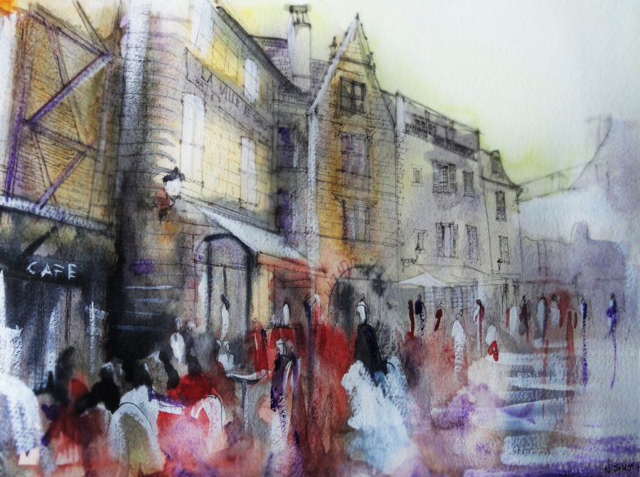 900x670 Sarlat - Watercolor For Sale