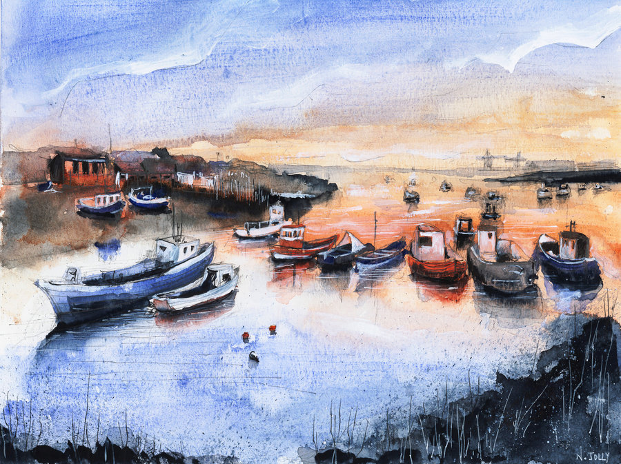 900x673 Fishing Village - Watercolor For Sale