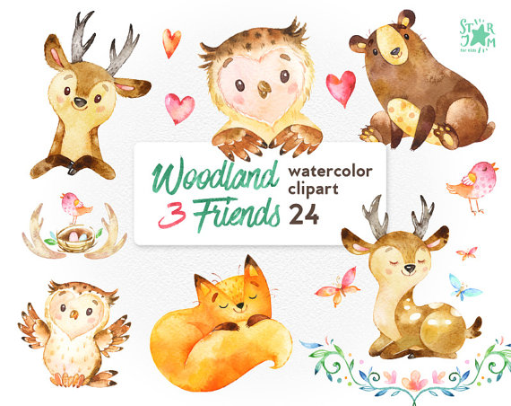 570x452 Woodland Friends 3. Watercolor Animals Clipart, Fox, Forest, Deer - Watercolor Forest Animals