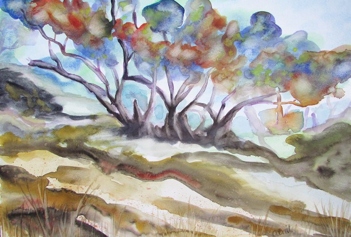 695x470 Original Watercolour Painting Trees On A Hillside Avril E Jean - Watercolor Forest Landscape
