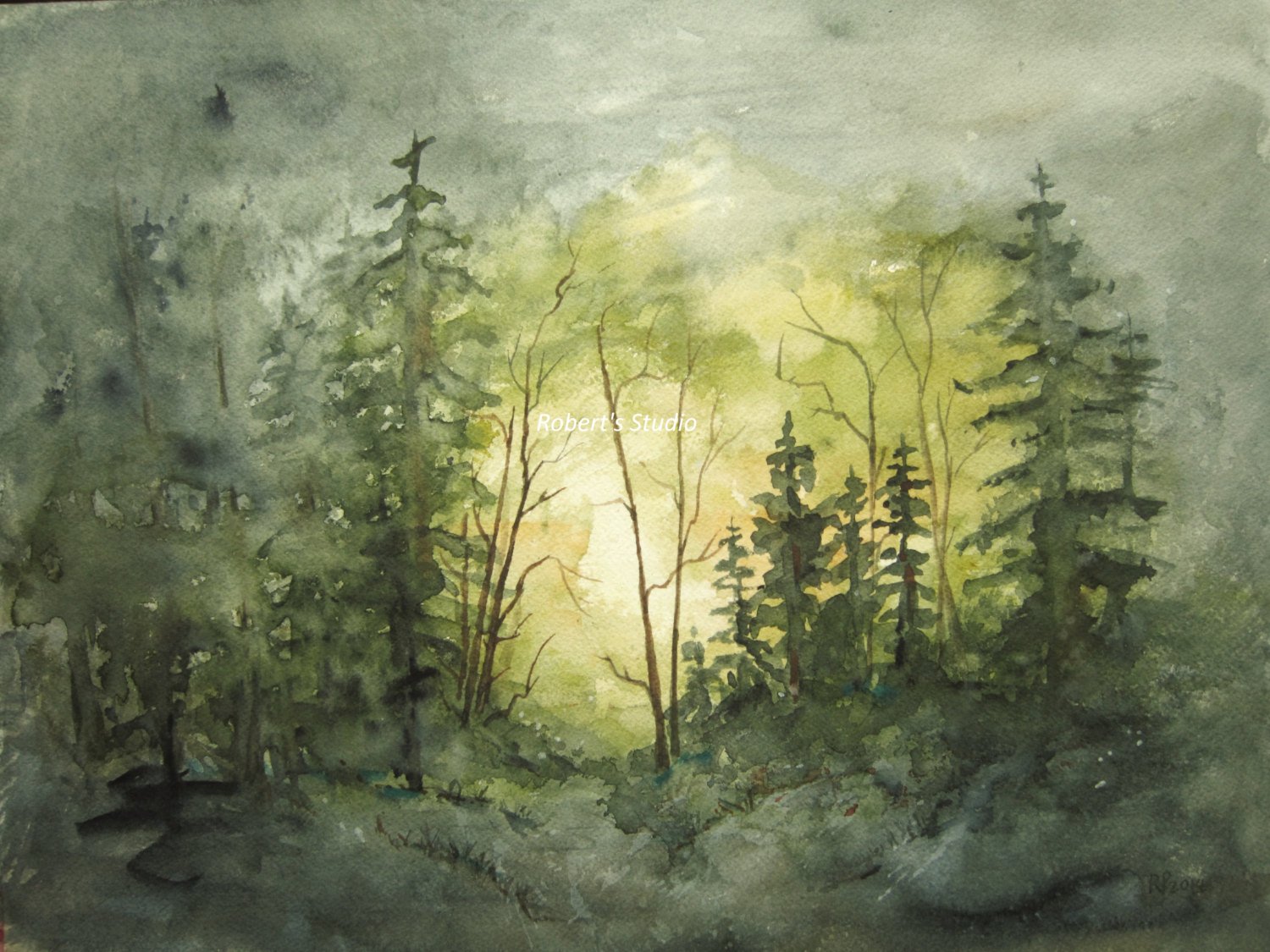 1500x1125 Watercolor Landscape Painting Archival Print Forest Painting Etsy - Watercolor Forest Landscape