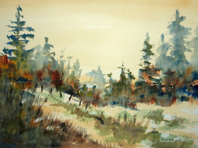 642x481 Watercolor Painting Landscape Archival Print Woodland Country Etsy - Watercolor Forest Landscape