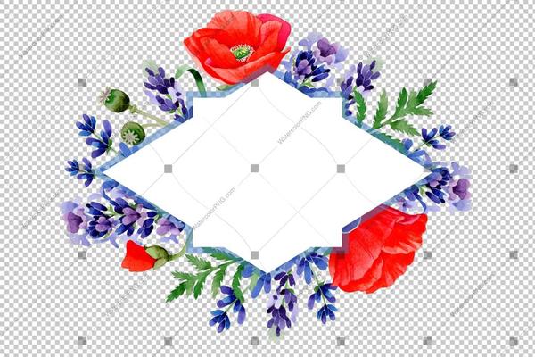 600x400 Red Poppy And Purple Lavender Frame Flowers Watercolor Png - Watercolor Frame