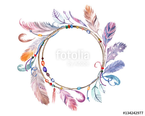 500x400 Watercolor Colorful Feathers Frame. Hand Drawn Boho Wreath For - Watercolor Frame