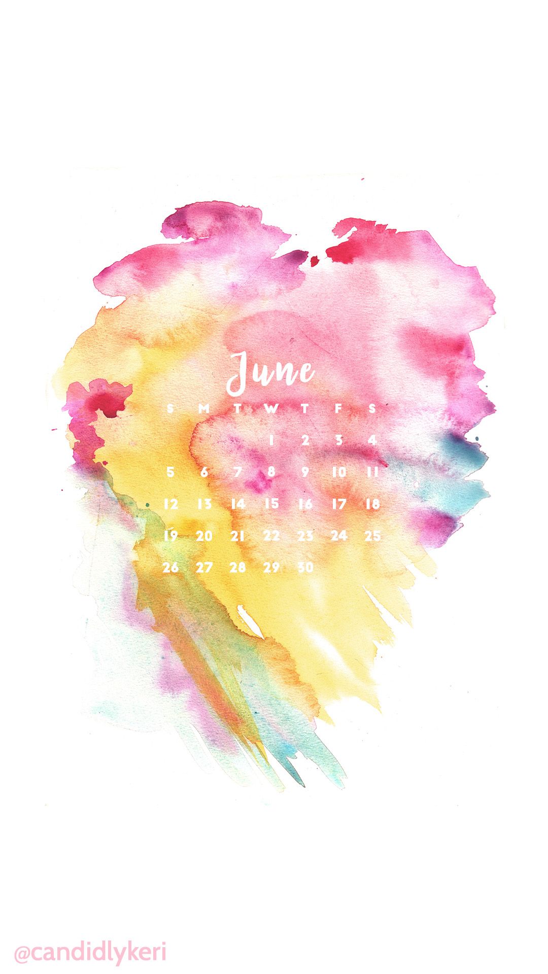 1080x1920 Rainbow Pink Purple Yellow Blue Watercolor June 2016 Calendar - Watercolor Free Download
