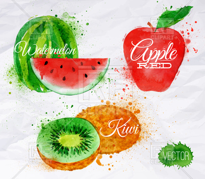 400x350 Watercolor Fruit Set Kiwi, Red Apple And Watermelon Vector Image - Watercolor Fruit
