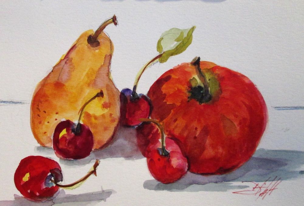 1000x676 Fruit Still Life Watercolor Painting Pear Apple Cherry Delilah Art - Watercolor Fruit Still Life