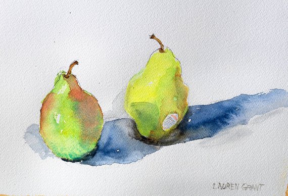 570x388 Still Life Fruit Painting Pears Kitchen Art Original Etsy - Watercolor Fruit Still Life