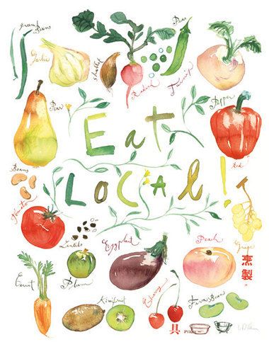 380x507 Eat Local Poster Kitchen Art Print Food Illustration Watercolor - Watercolor Fruits And Vegetables