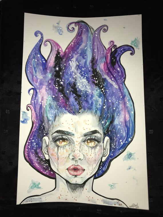 570x760 Ooak Original Watercolor Galaxy Girl Etsy - Watercolor Galaxy Girl
