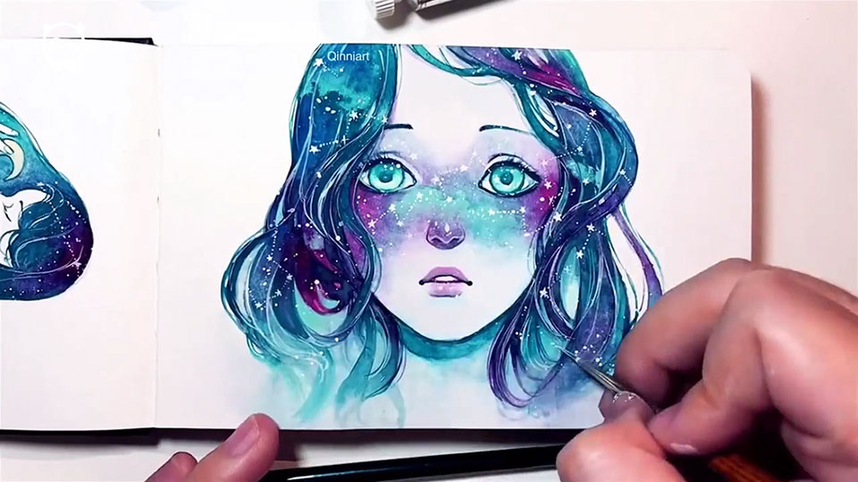 960x540 Starry Eyed Girl With Constellations As Freckles Being Painted By - Watercolor Galaxy Girl
