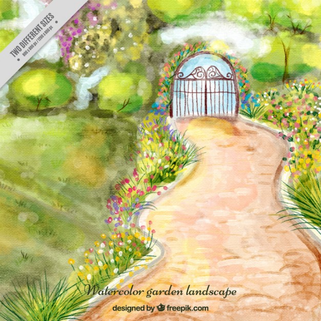 626x626 Watercolor Garden Landscape With A Path Background Vector Free - Watercolor Garden